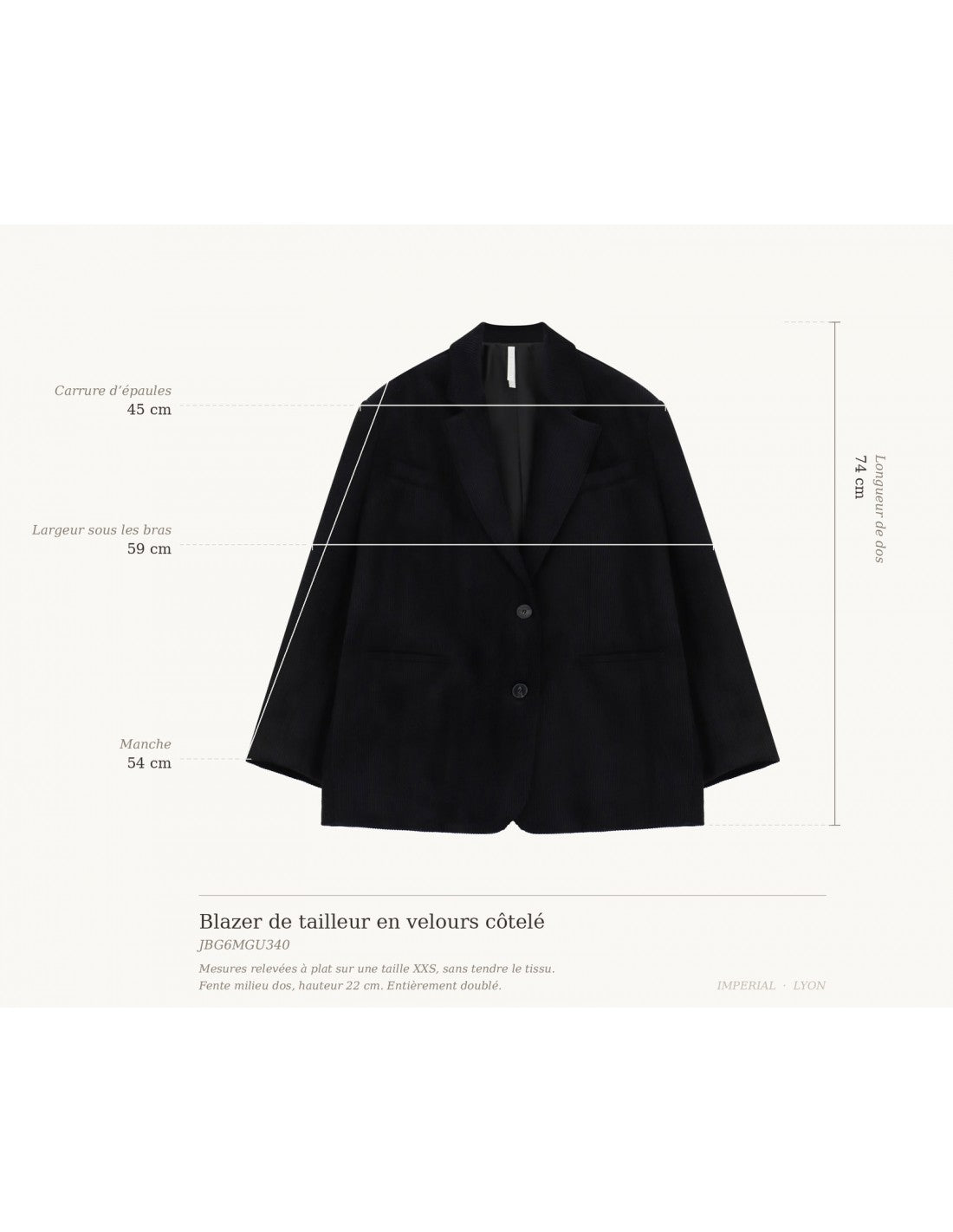 Blazer de tailleur en velours côtelé, schéma des mesures à plat sur taille XXS