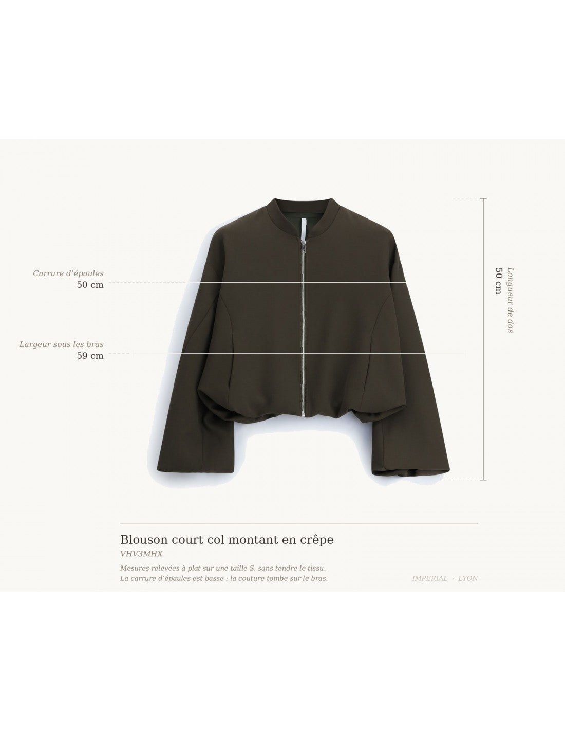 Blouson court col montant en crêpe, schéma des mesures à plat sur taille S