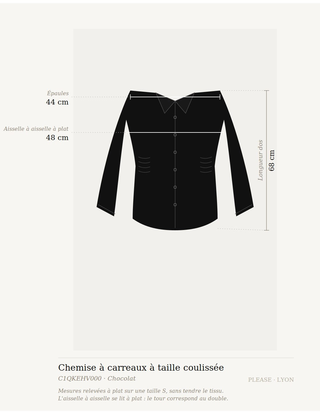 Chemise à carreaux à taille coulissée chocolat, mesures – Please