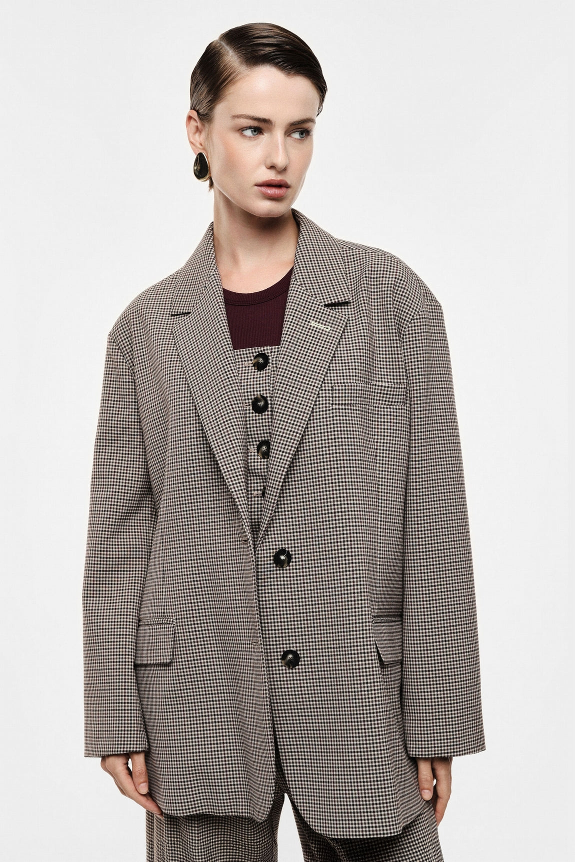 Blazer oversize micro pied-de-poule beige et marron – Imperial Femme