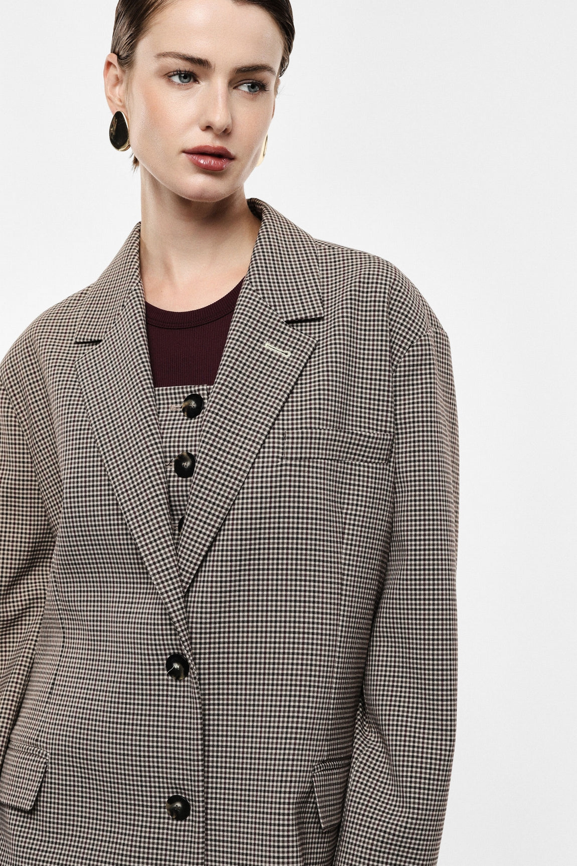 Blazer oversize micro pied-de-poule beige et marron – Imperial Femme, vue 2