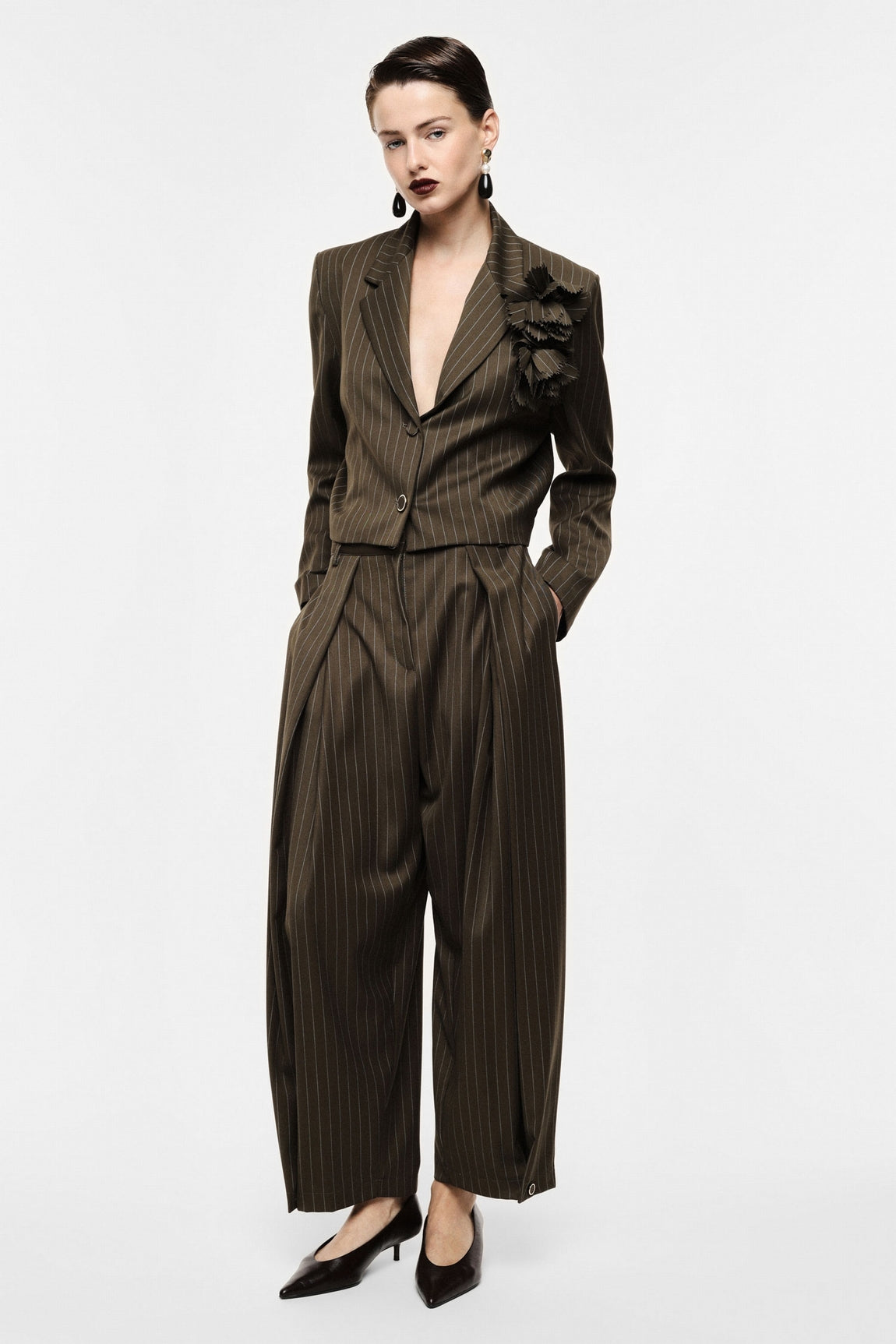 Pantalon palazzo taille haute à rayures kaki – Imperial Femme