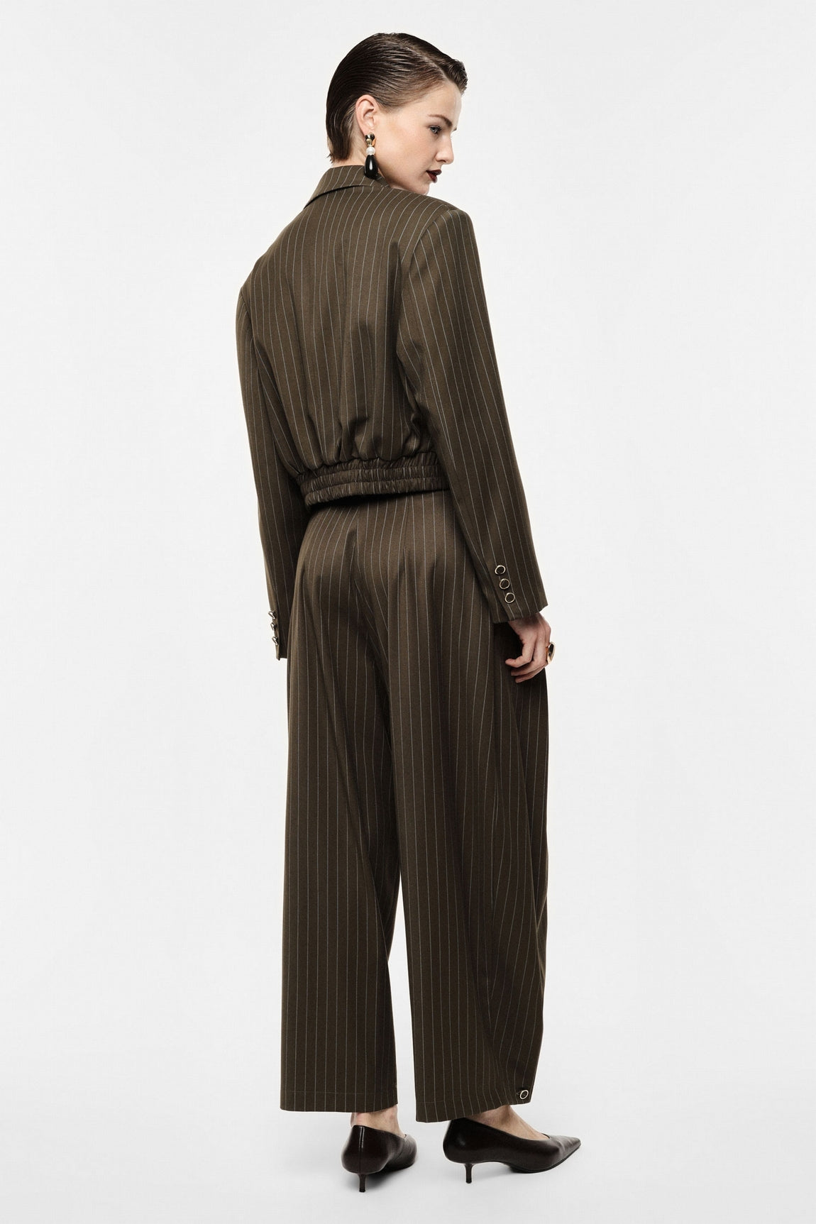 Pantalon palazzo taille haute à rayures kaki – Imperial Femme, vue 3