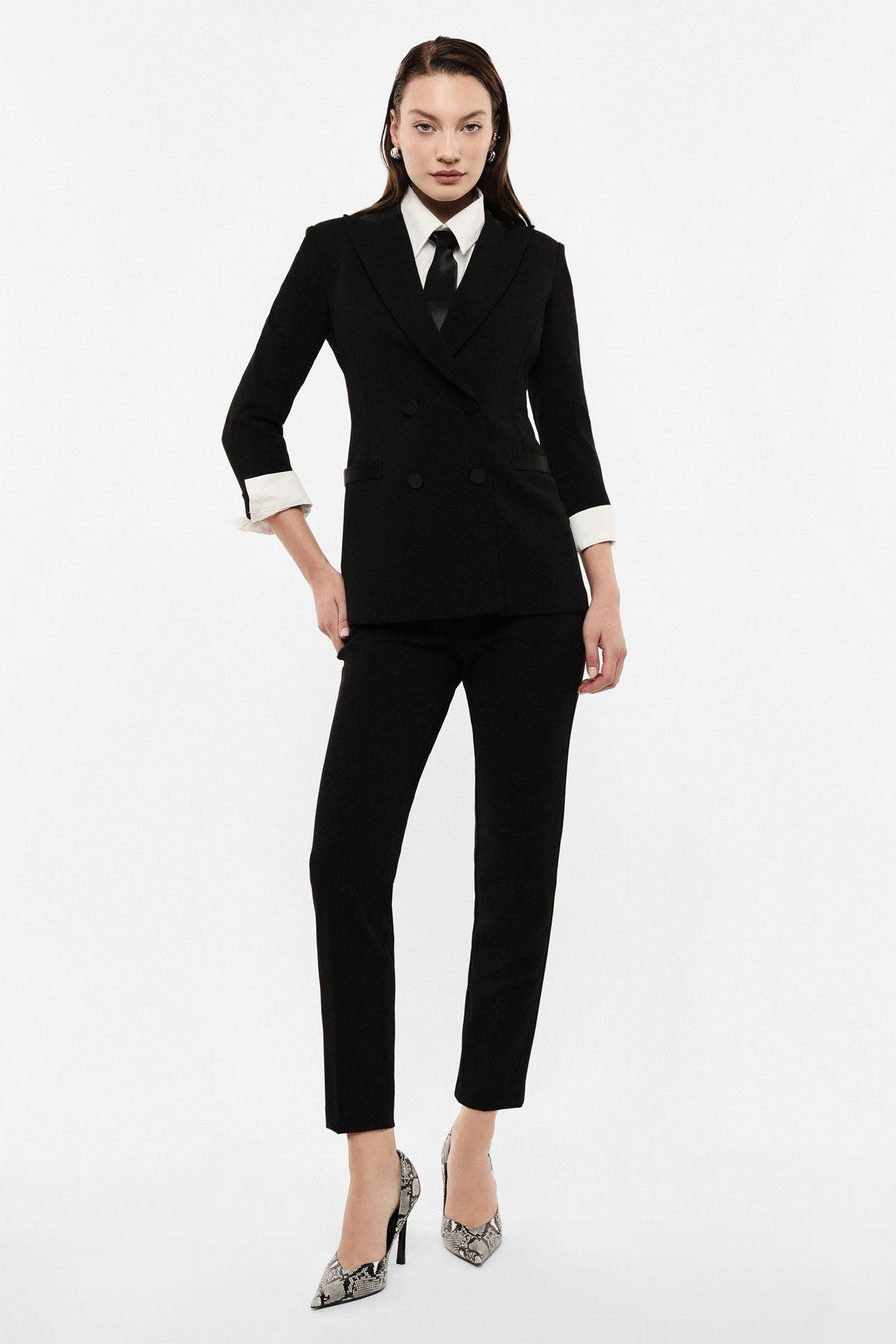 Pantalon de smoking cigarette noir finition satin Imperial Femme, vue de face
