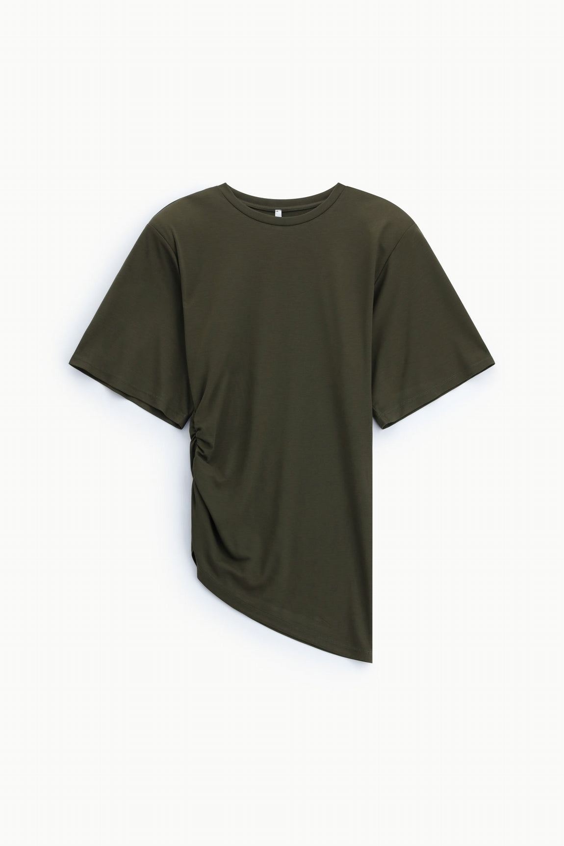 T-shirt asymétrique drapé à épaulettes structurantes kaki – Imperial Femme