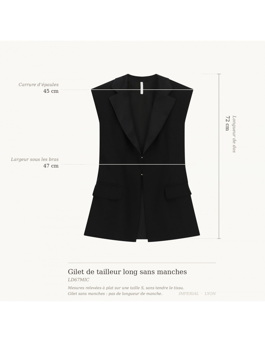 Gilet de tailleur, schéma des mesures à plat sur taille S