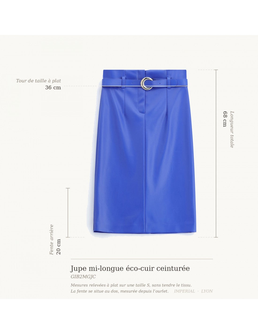 Jupe mi-longue en éco-cuir ceinturée, schéma des mesures à plat sur taille S