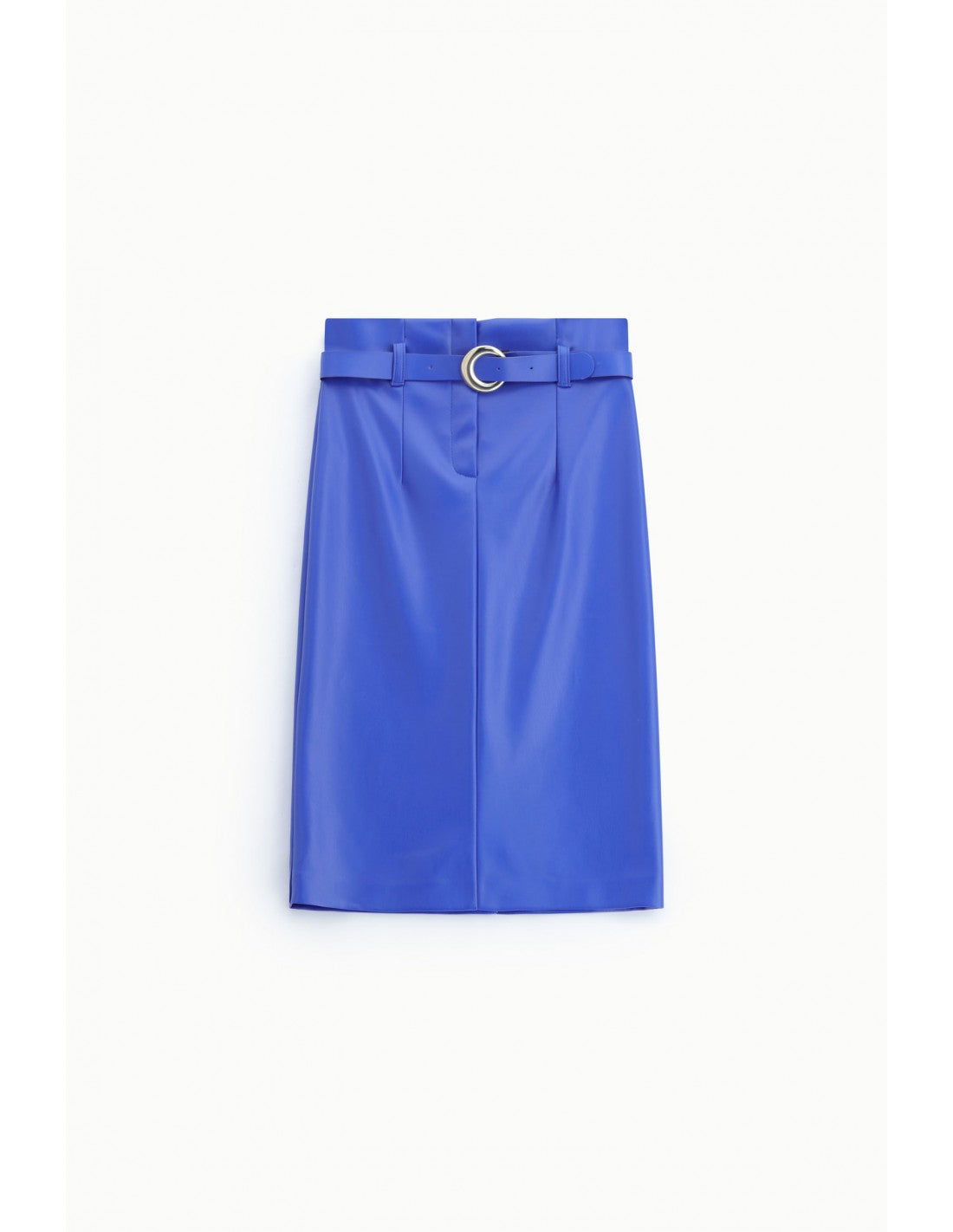 Jupe mi-longue en éco-cuir bleu électrique ceinturée boucle ronde, vue de face