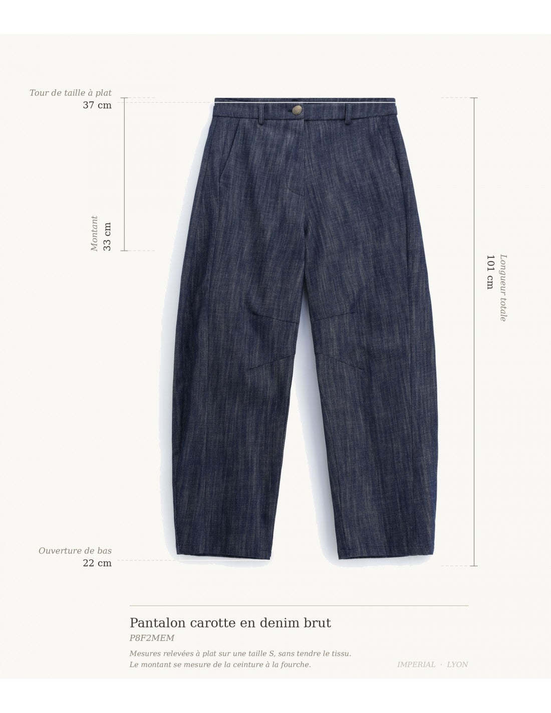 Pantalon carotte en denim brut, schéma des mesures à plat sur taille S