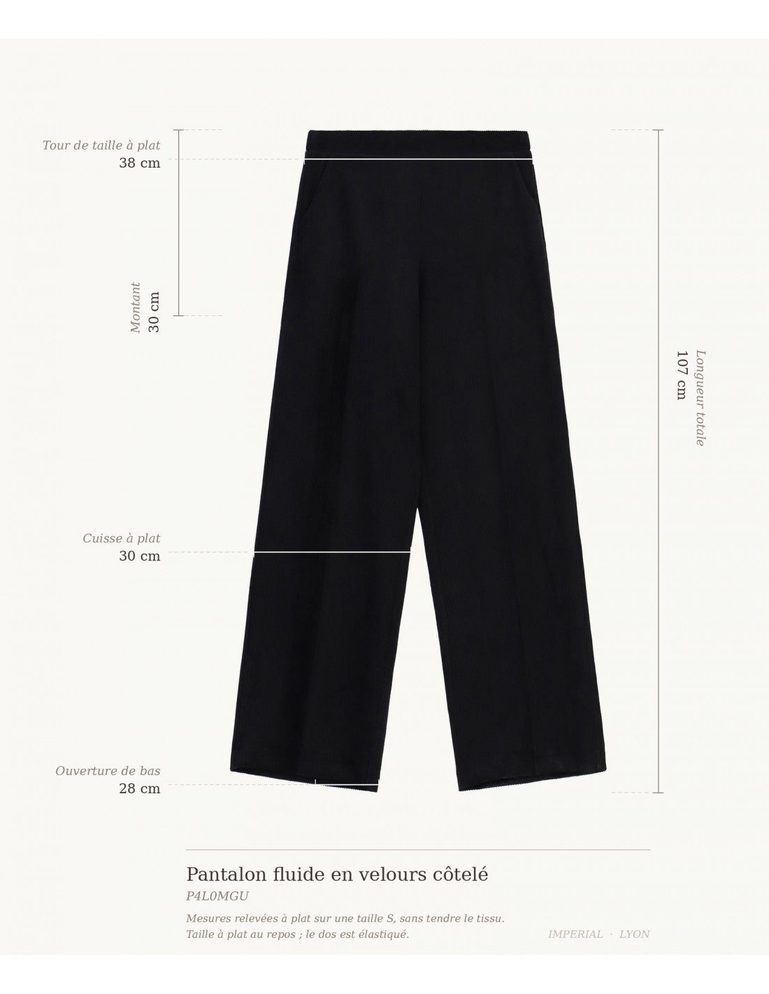 Pantalon fluide en velours côtelé, schéma des mesures à plat sur taille S
