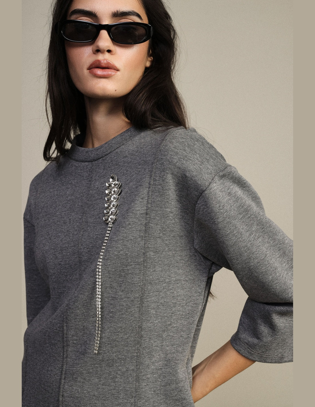 Sweat-shirt trapèze à épi brodé gris chiné Dixie vue portée de profil