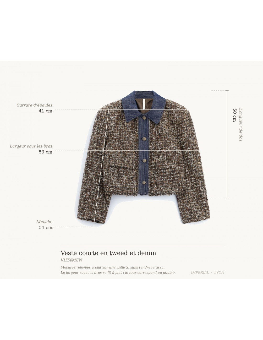 Veste courte en tweed et denim, schéma des mesures à plat sur taille S