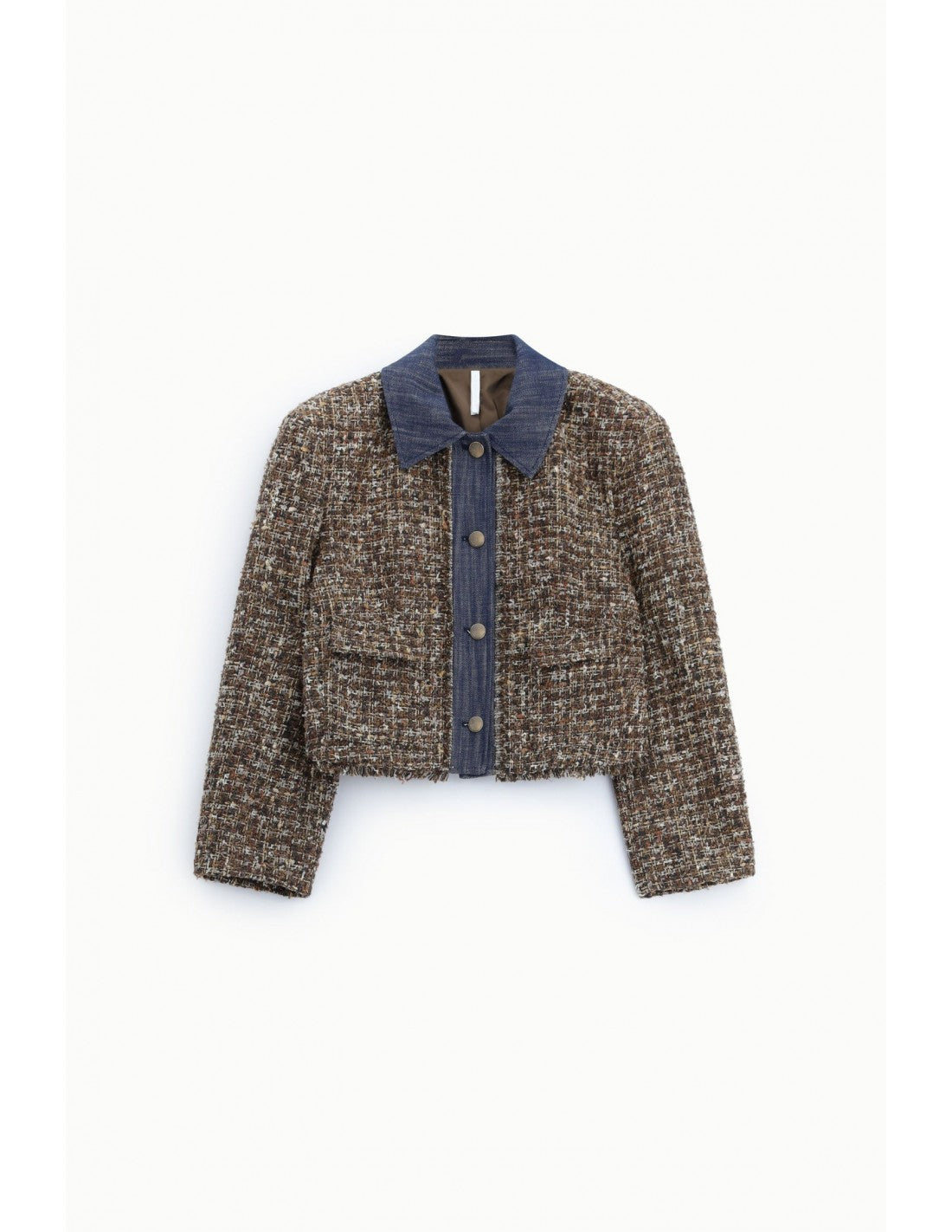 Veste courte en tweed et denim chocolat, vue de face